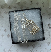 Lade das Bild in den Galerie-Viewer, Vintage Sterling Silver Birdcage English Charm Pendant - Opens to Reveal Love Bird. Small Romantic Love Token Pendant With Optional Chain.
