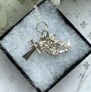 Vintage Sterling Silver Faith Hope & Charity Charm Pendant. Christian Cross, Anchor and Heart Small Pendant With Optional Adjustable Chain