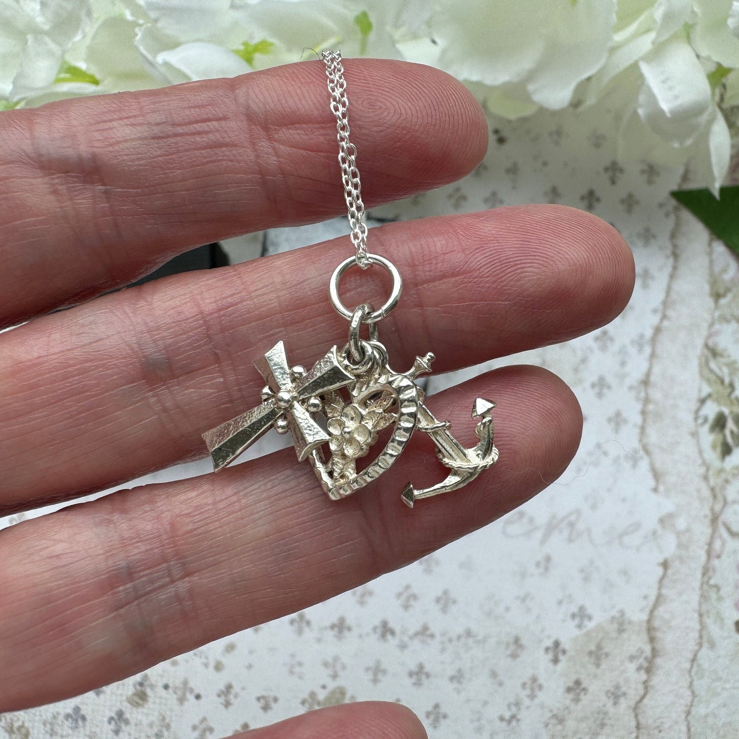 Vintage Sterling Silver Faith Hope & Charity Charm Pendant. Christian Cross, Anchor and Heart Small Pendant With Optional Adjustable Chain