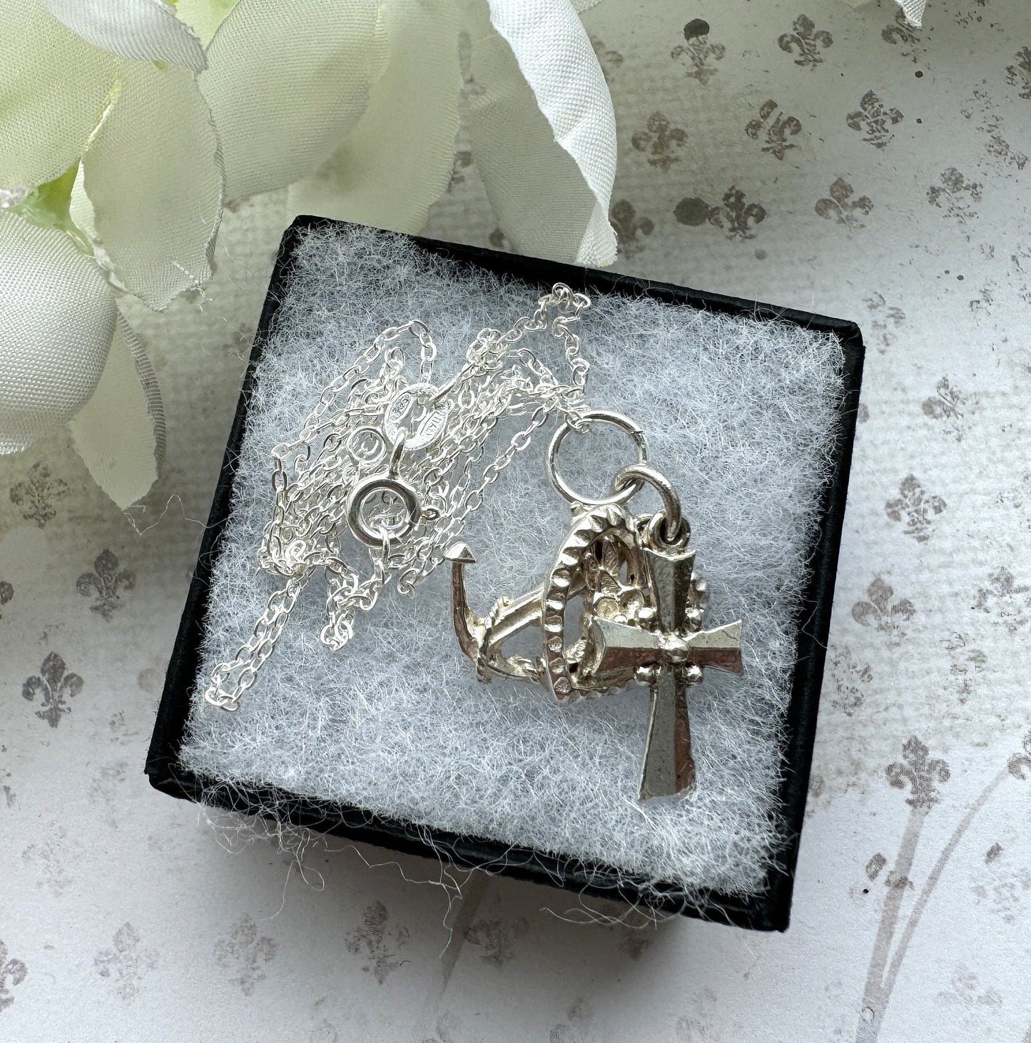 Vintage Sterling Silver Faith Hope & Charity Charm Pendant. Christian Cross, Anchor and Heart Small Pendant With Optional Adjustable Chain