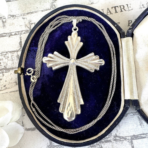 Vintage 1970s Sterling Silver Large Gothic Cross Pendant Necklace By 1-Of A Kind Jewelry Company, USA. Statement Cross & Long Chain Necklace