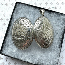 Load image into Gallery viewer, Antique Victorian Large Sterling Silver Photo Locket Pendant. Aesthetic Engraved Rose &amp; Fern 2-Sided Oval Silver Bookchain Locket.
