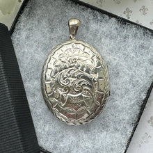 Load image into Gallery viewer, Antique Victorian Large Sterling Silver Photo Locket Pendant. Aesthetic Engraved Rose &amp; Fern 2-Sided Oval Silver Bookchain Locket.
