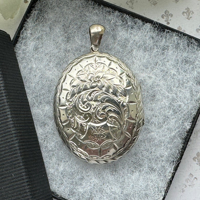 Antique Victorian Large Sterling Silver Photo Locket Pendant. Aesthetic Engraved Rose & Fern 2-Sided Oval Silver Bookchain Locket.