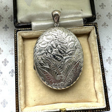 Load image into Gallery viewer, Antique Victorian Large Sterling Silver Photo Locket Pendant. Aesthetic Engraved Rose &amp; Fern 2-Sided Oval Silver Bookchain Locket.
