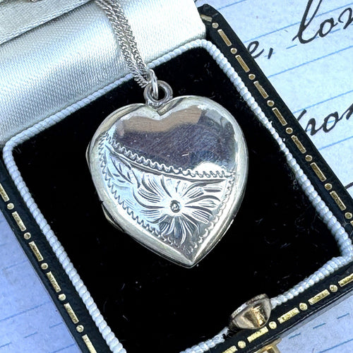 Antique Edwardian Engraved Daisy Sterling Silver Heart Locket Necklace. English B&F Silver Medium Love Heart Locket Pendant On Curb Chain