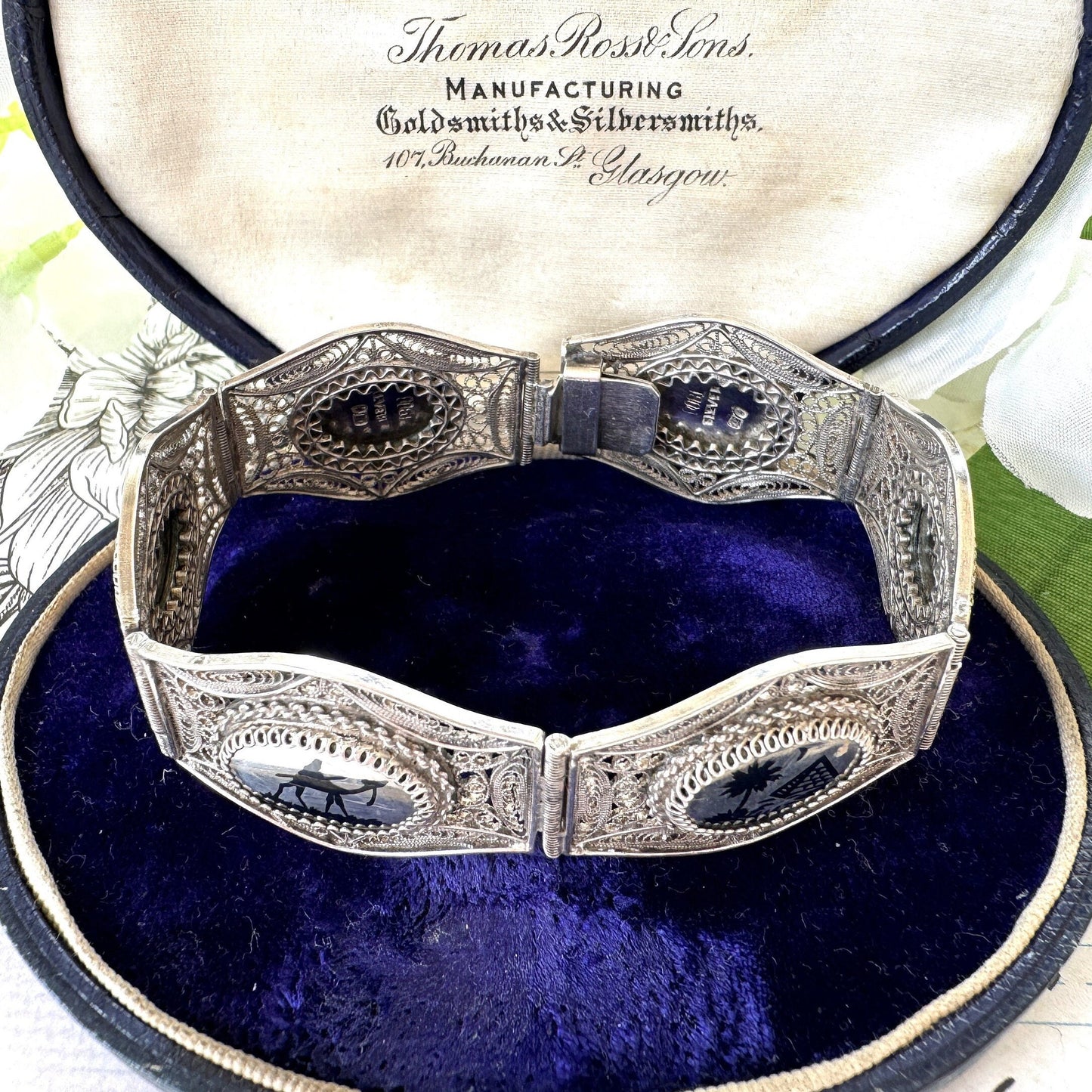 Antique Art Deco Egyptian Revival Niello Silver Filigree Bracelet. Vintage 1920s 800 Silver Black Enamel Scenic Panel Bracelet.