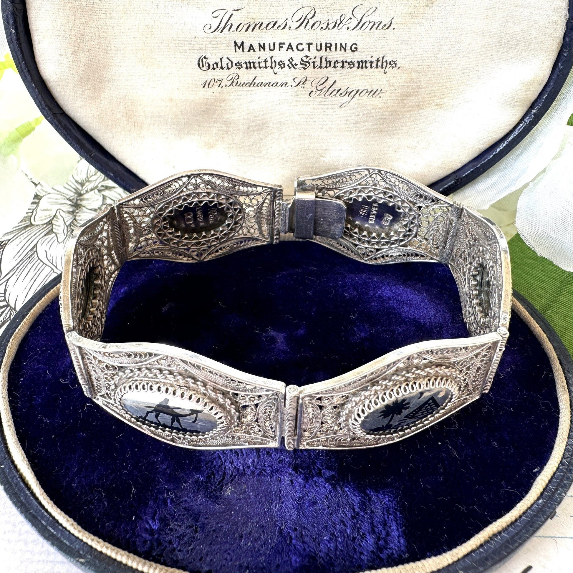 Antique Art Deco Egyptian Revival Niello Silver Filigree Bracelet. Vintage 1920s 800 Silver Black Enamel Scenic Panel Bracelet.