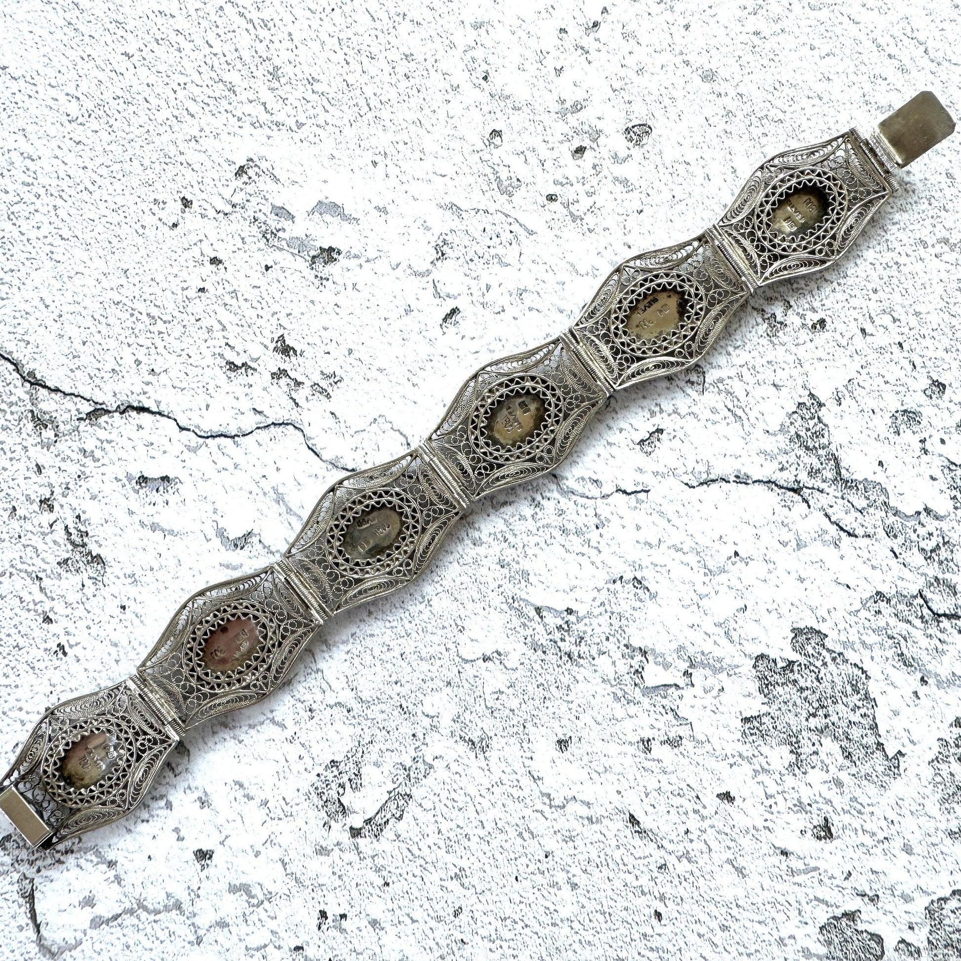 Antique Art Deco Egyptian Revival Niello Silver Filigree Bracelet. Vintage 1920s 800 Silver Black Enamel Scenic Panel Bracelet.