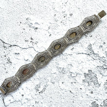 Charger l&#39;image dans la galerie, Antique Art Deco Egyptian Revival Niello Silver Filigree Bracelet. Vintage 1920s 800 Silver Black Enamel Scenic Panel Bracelet.
