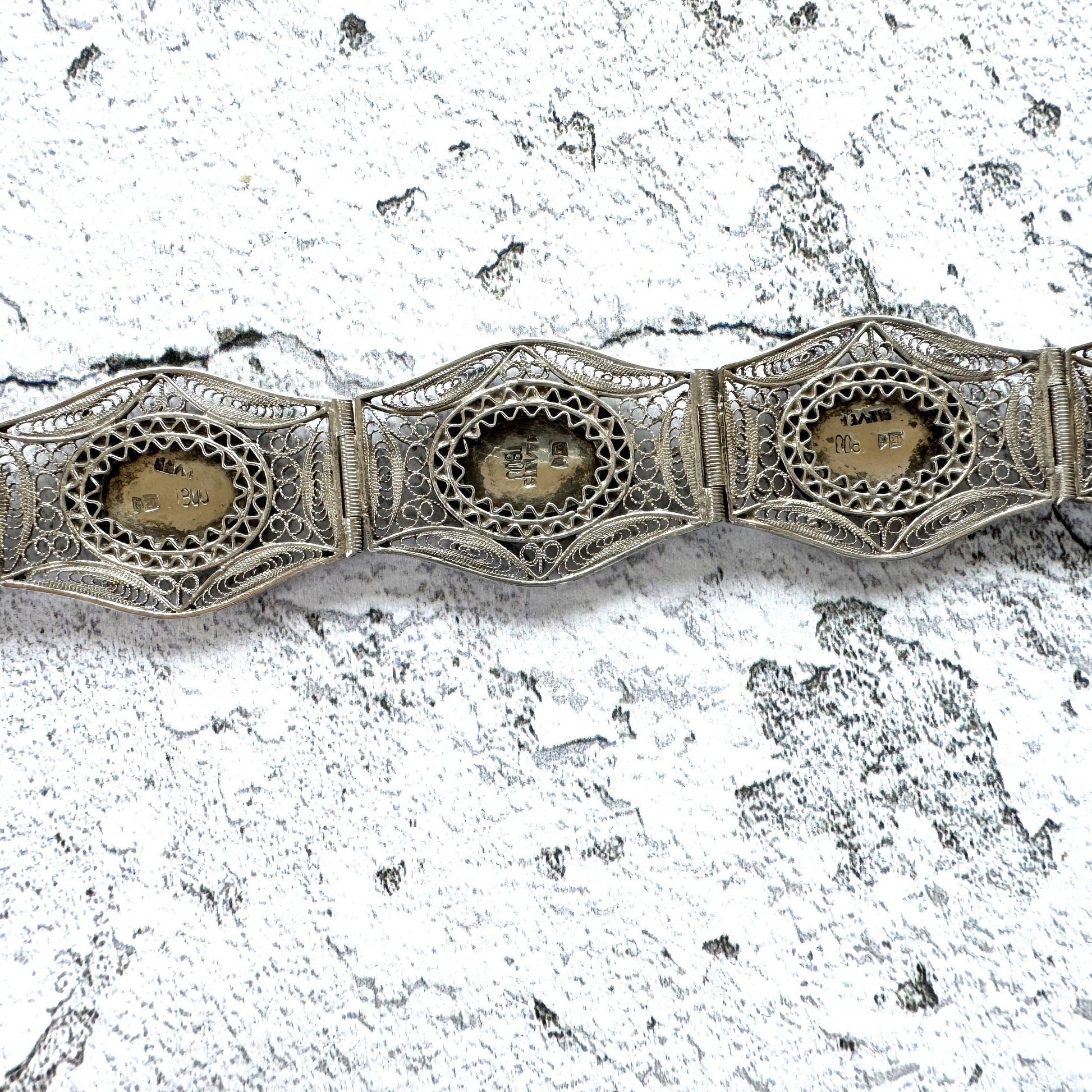 Antique Art Deco Egyptian Revival Niello Silver Filigree Bracelet. Vintage 1920s 800 Silver Black Enamel Scenic Panel Bracelet.