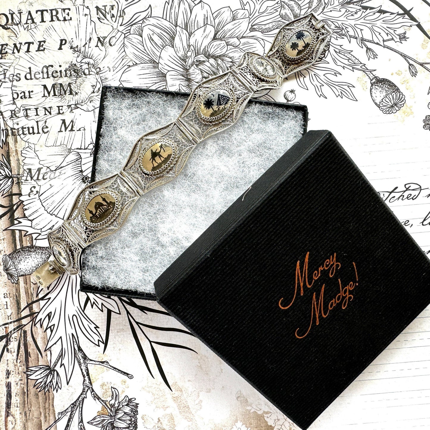 Antique Art Deco Egyptian Revival Niello Silver Filigree Bracelet. Vintage 1920s 800 Silver Black Enamel Scenic Panel Bracelet.