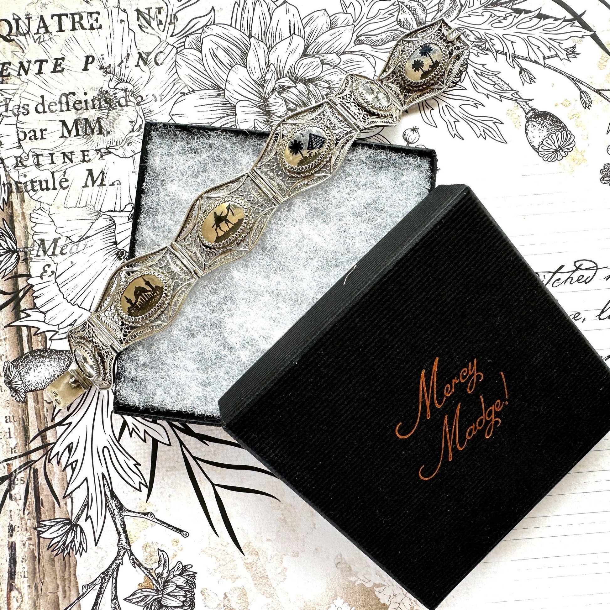 Antique Art Deco Egyptian Revival Niello Silver Filigree Bracelet. Vintage 1920s 800 Silver Black Enamel Scenic Panel Bracelet.