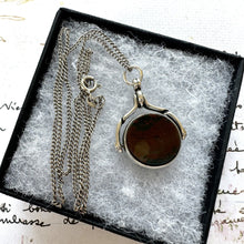 Load image into Gallery viewer, Victorian Silver Scottish Agate Spinner Fob Pendant Necklace. Antique Sterling Silver Carnelian &amp; Jasper Watch Chain Fob, 1889 Hallmarks
