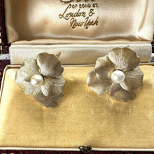 Load image into Gallery viewer, Vintage 14ct Rolled Gold Real Pearl Pansy Earrings. Krementz Gold Filled/Rolled Gold Screw Back Flower Earrings. 1950s Gold Pearl Earrings
