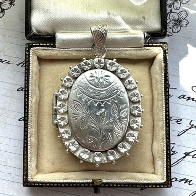 Victorian Aesthetic Engraved Silver Oval Statement Locket. Antique Star Studded Sterling Silver Large Heavy Bookchain Locket Pendant