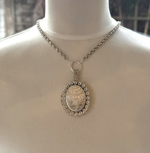 Cargar imagen en el visor de la galería, Victorian Aesthetic Engraved Silver Oval Statement Locket. Antique Star Studded Sterling Silver Large Heavy Bookchain Locket Pendant
