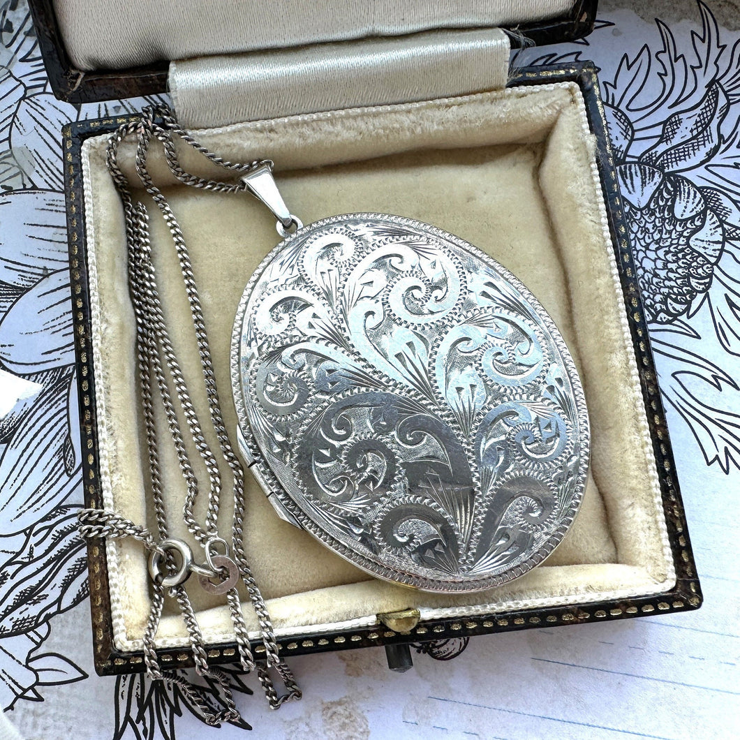 Vintage 1970s Sterling Silver Engraved Fern Locket Pendant On Chain. Slim Profile Large Oval Silver Locket Necklace, Henry Griffiths & Sons