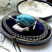 画像をギャラリービューアに読み込む, Antique Art Deco Egyptian Revival Huge Scarab Sterling Silver Pendant Necklace. Vintage 1930s Queen Nefertiti Statement Pendant &amp; Long Chain
