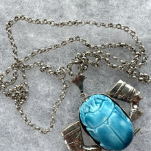 Load image into Gallery viewer, Antique Art Deco Egyptian Revival Huge Scarab Sterling Silver Pendant Necklace. Vintage 1930s Queen Nefertiti Statement Pendant &amp; Long Chain
