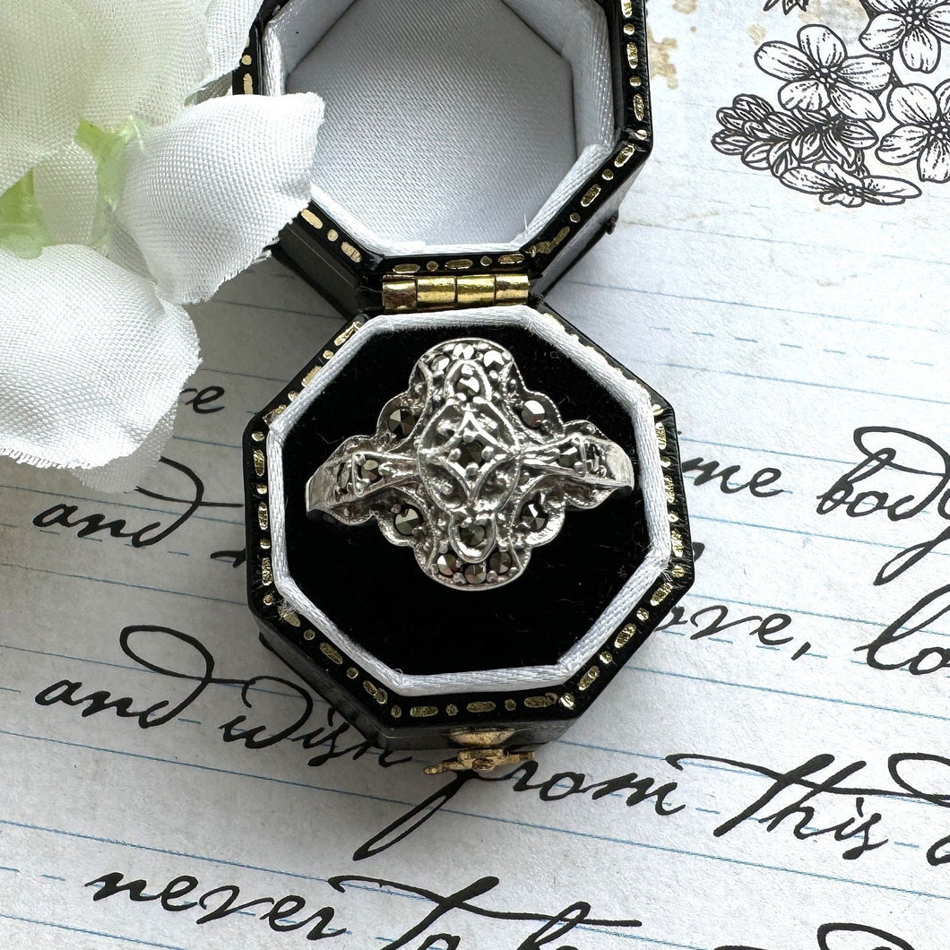 Antique Edwardian Sterling Silver Marcasite Cross Ring. English Art Nouveau Silver Maltese Cross Ring, Size P - UK / 7-3/4 - US