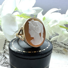 Load image into Gallery viewer, Antique Victorian 9ct Gold Hera Cameo Ring. Italian Carved Shell Goddess Cameo Ring. Victorian Neoclassical Statement Ring Size N/ 6-3/4
