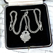 Load image into Gallery viewer, Edwardian English Silver Fine Albert/Albertina Watch Chain &amp; Heart Fob. Antique Sterling Silver Double Albert Chain Bracelet/Necklace c1912
