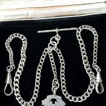 Load image into Gallery viewer, Edwardian English Silver Fine Albert/Albertina Watch Chain &amp; Heart Fob. Antique Sterling Silver Double Albert Chain Bracelet/Necklace c1912
