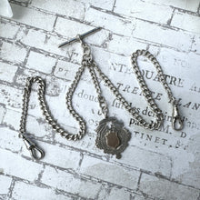 Load image into Gallery viewer, Edwardian English Silver Fine Albert/Albertina Watch Chain &amp; Heart Fob. Antique Sterling Silver Double Albert Chain Bracelet/Necklace c1912
