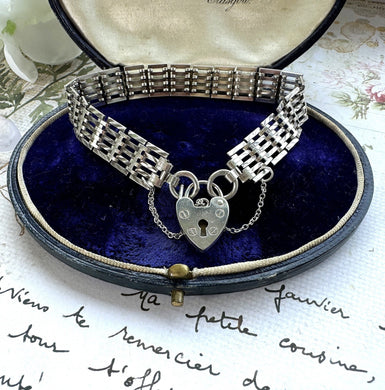 Vintage English Silver Fancy Link Gate Bracelet With Heart Padlock Clasp. Victorian Style 3-Bar Gate Sweetheart Bracelet, 1972 Hallmarks