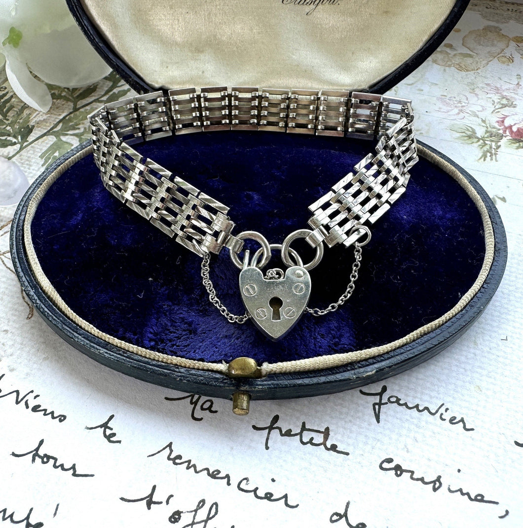 Vintage English Silver Fancy Link Gate Bracelet With Heart Padlock Clasp. Victorian Style 3-Bar Gate Sweetheart Bracelet, 1972 Hallmarks