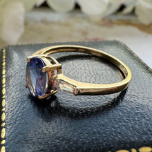 Load image into Gallery viewer, Vintage 9ct Gold Tanzanite Diamond Ring. 3-Stone 1.30ct Trilogy Engagement Ring. Oval &amp; Baguette Cut Gemstone Ring , Size UK/N, US/6-3/4
