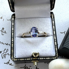 Load image into Gallery viewer, Vintage 9ct Gold Tanzanite Diamond Ring. 3-Stone 1.30ct Trilogy Engagement Ring. Oval &amp; Baguette Cut Gemstone Ring , Size UK/N, US/6-3/4
