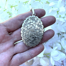 Load image into Gallery viewer, Antique Victorian Sterling Silver Engraved Ivy Locket Pendant. Large Ornate Flat Oval Photo Locket. Aesthetic Engraved Sweetheart Locket
