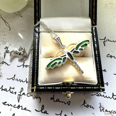 Vintage Plique A Jour Silver Dragonfly Pendant Necklace. Art Nouveau Style Sterling Silver Blue and Green Enamel Pendant & Chain.