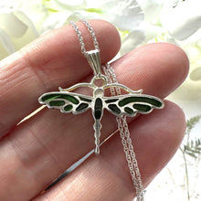 Charger l&#39;image dans la galerie, Vintage Plique A Jour Silver Dragonfly Pendant Necklace. Art Nouveau Style Sterling Silver Blue and Green Enamel Pendant &amp; Chain.
