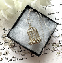 Lade das Bild in den Galerie-Viewer, Vintage Sterling Silver Birdcage English Charm Pendant - Opens to Reveal Love Bird. Small Romantic Love Token Pendant With Optional Chain.
