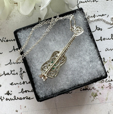 Vintage Sterling Silver Filigree Guitar Charm Pendant - Opens to Reveal Treble Clef. Small English Silver Musical Pendant, Optional Chain