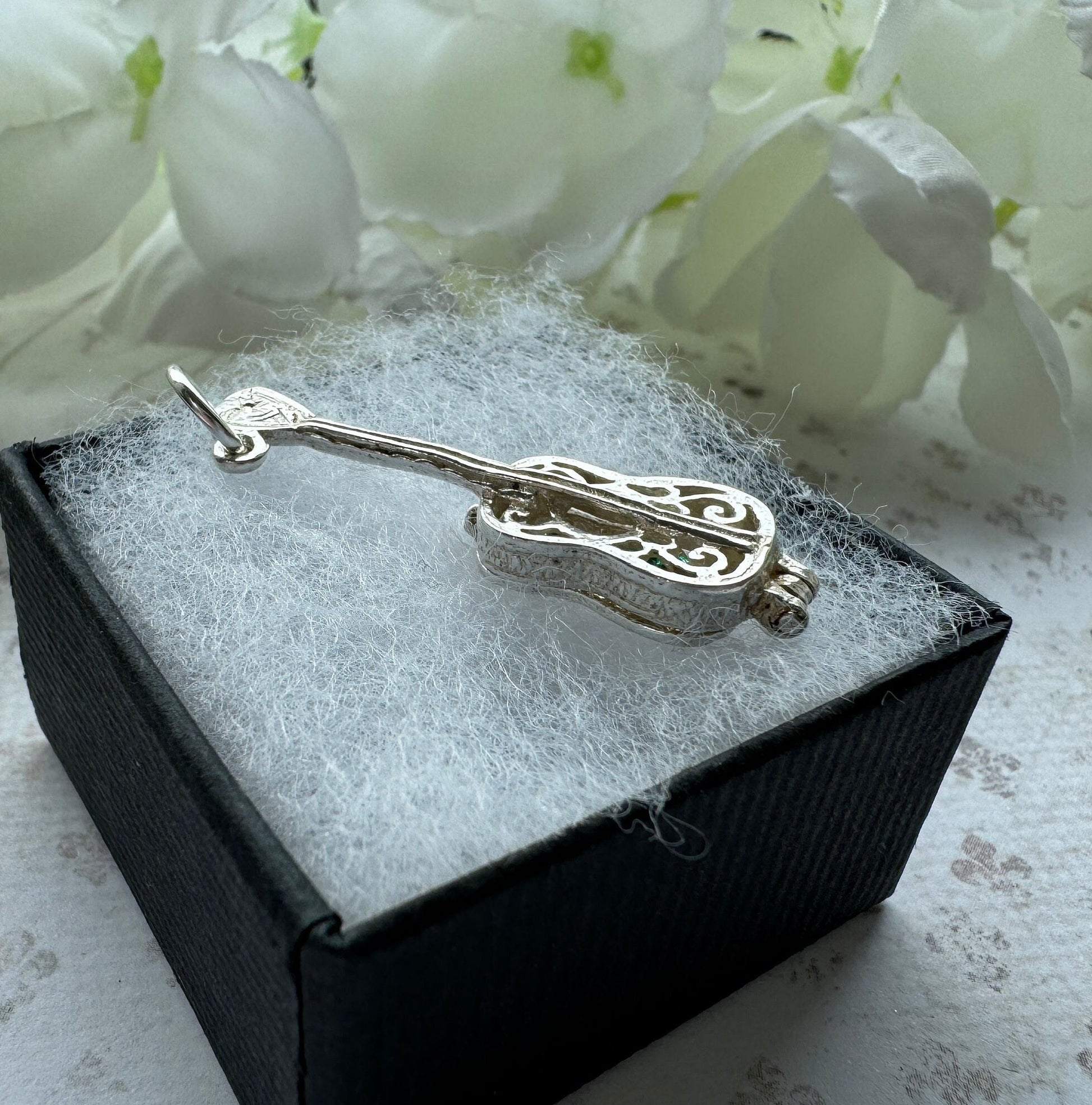 Vintage Sterling Silver Filigree Guitar Charm Pendant - Opens to Reveal Treble Clef. Small English Silver Musical Pendant, Optional Chain