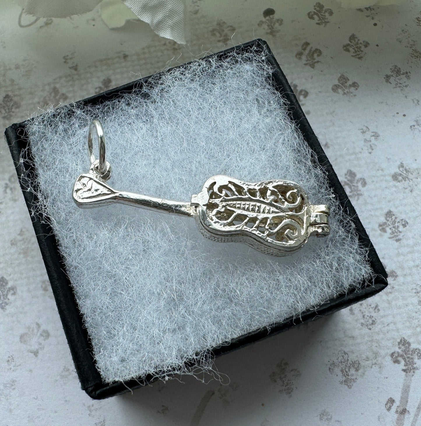 Vintage Sterling Silver Filigree Guitar Charm Pendant - Opens to Reveal Treble Clef. Small English Silver Musical Pendant, Optional Chain