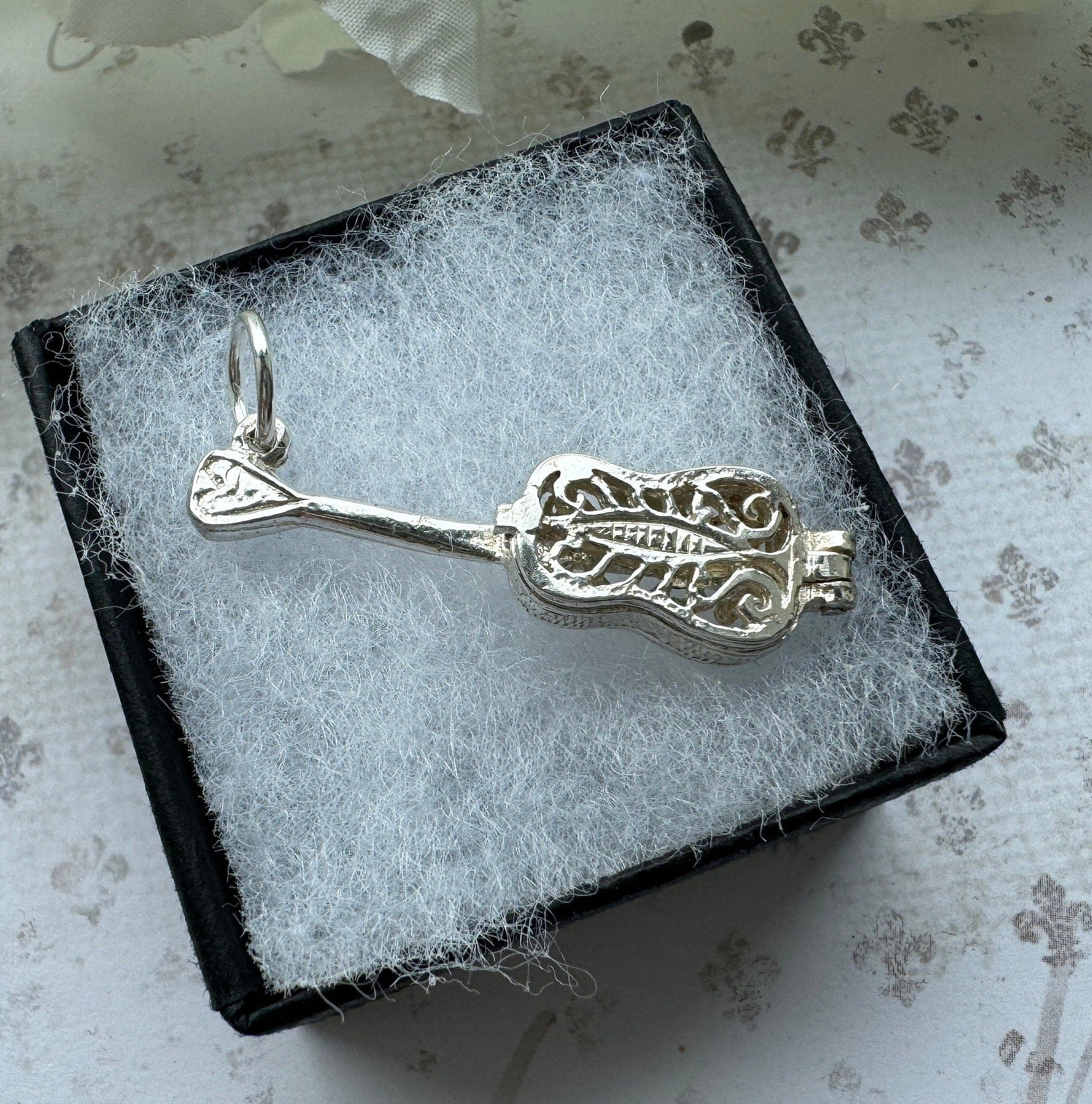 Vintage Sterling Silver Filigree Guitar Charm Pendant - Opens to Reveal Treble Clef. Small English Silver Musical Pendant, Optional Chain