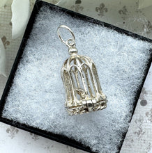 Lade das Bild in den Galerie-Viewer, Vintage Sterling Silver Birdcage English Charm Pendant - Opens to Reveal Love Bird. Small Romantic Love Token Pendant With Optional Chain.
