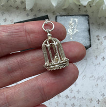 Lade das Bild in den Galerie-Viewer, Vintage Sterling Silver Birdcage English Charm Pendant - Opens to Reveal Love Bird. Small Romantic Love Token Pendant With Optional Chain.
