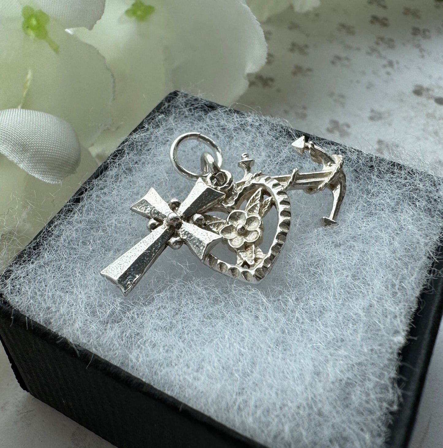 Vintage Sterling Silver Faith Hope & Charity Charm Pendant. Christian Cross, Anchor and Heart Small Pendant With Optional Adjustable Chain