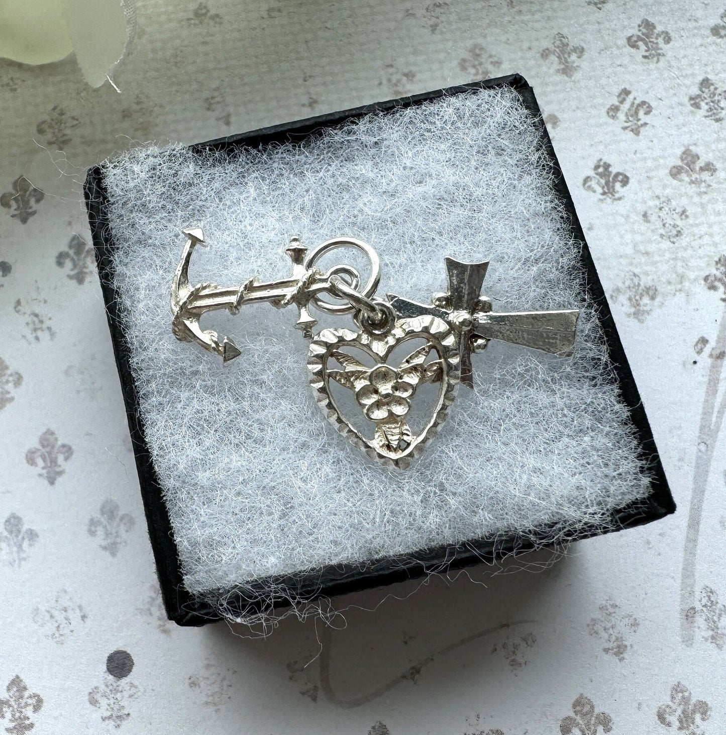 Vintage Sterling Silver Faith Hope & Charity Charm Pendant. Christian Cross, Anchor and Heart Small Pendant With Optional Adjustable Chain