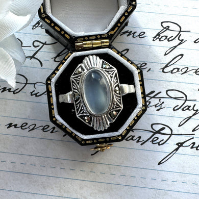 Antique Art Deco Sterling Silver Moonstone Ring. English Silver Marcasite Set Navette/Marquise Ring, Size Q - UK / 8.25 - US