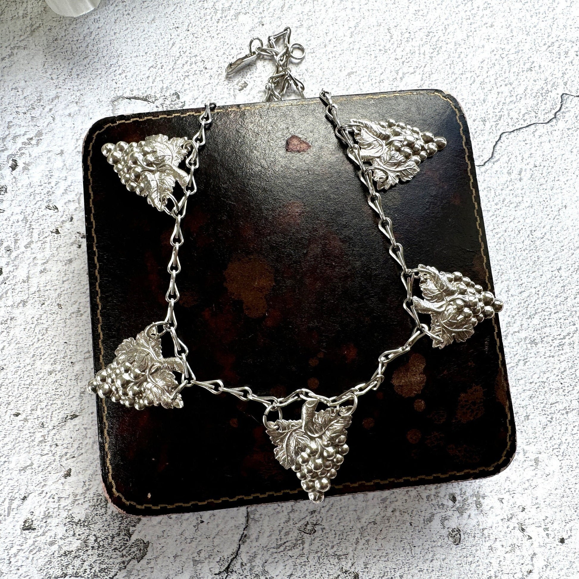 Antique Edwardian Grapevine & Barleycorn Chain Sterling Silver Necklace. Art Nouveau Repoussé Silver Fancy Chain Bib Necklace