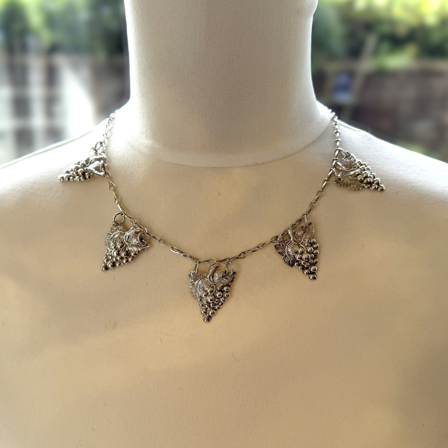 Antique Edwardian Grapevine & Barleycorn Chain Sterling Silver Necklace. Art Nouveau Repoussé Silver Fancy Chain Bib Necklace