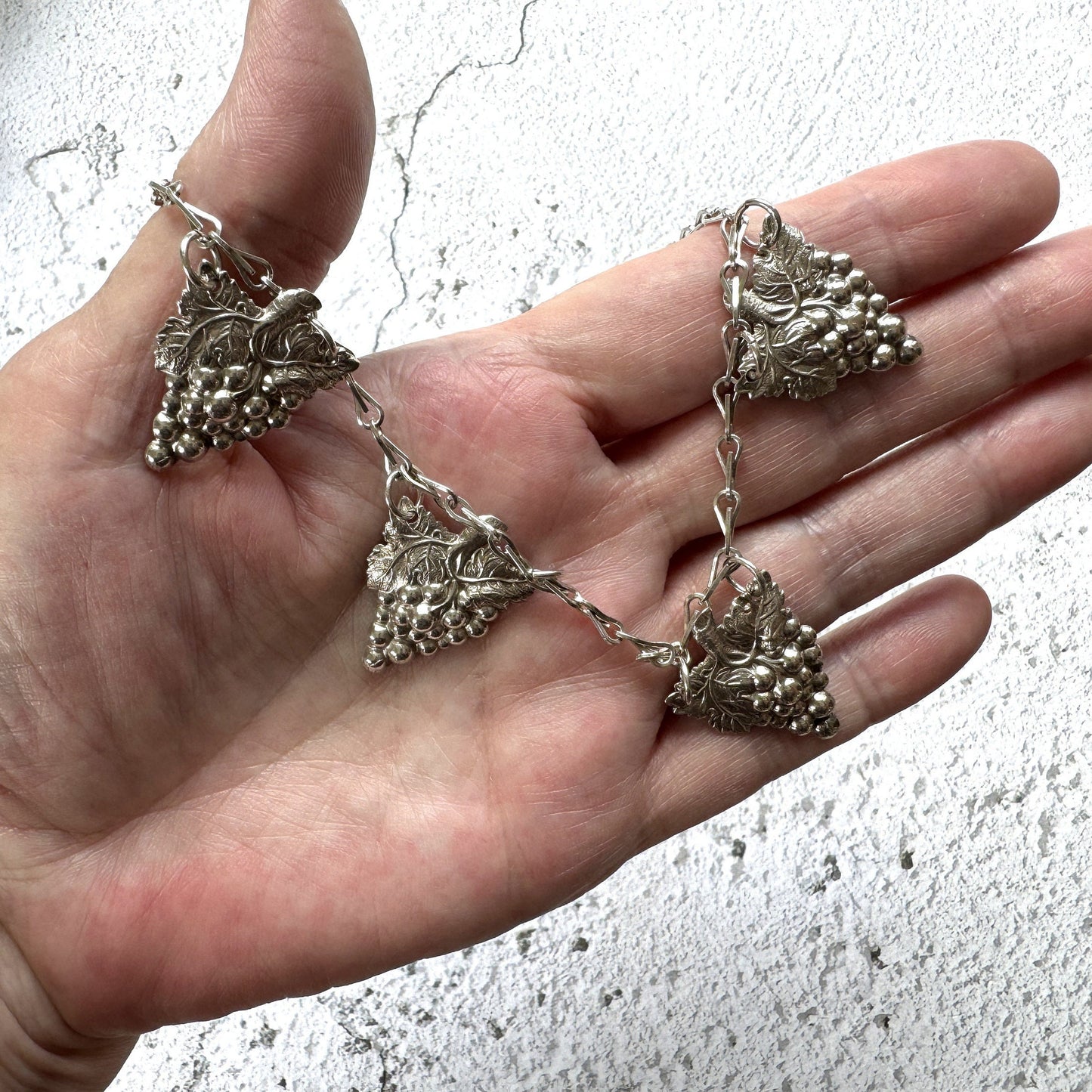 Antique Edwardian Grapevine & Barleycorn Chain Sterling Silver Necklace. Art Nouveau Repoussé Silver Fancy Chain Bib Necklace