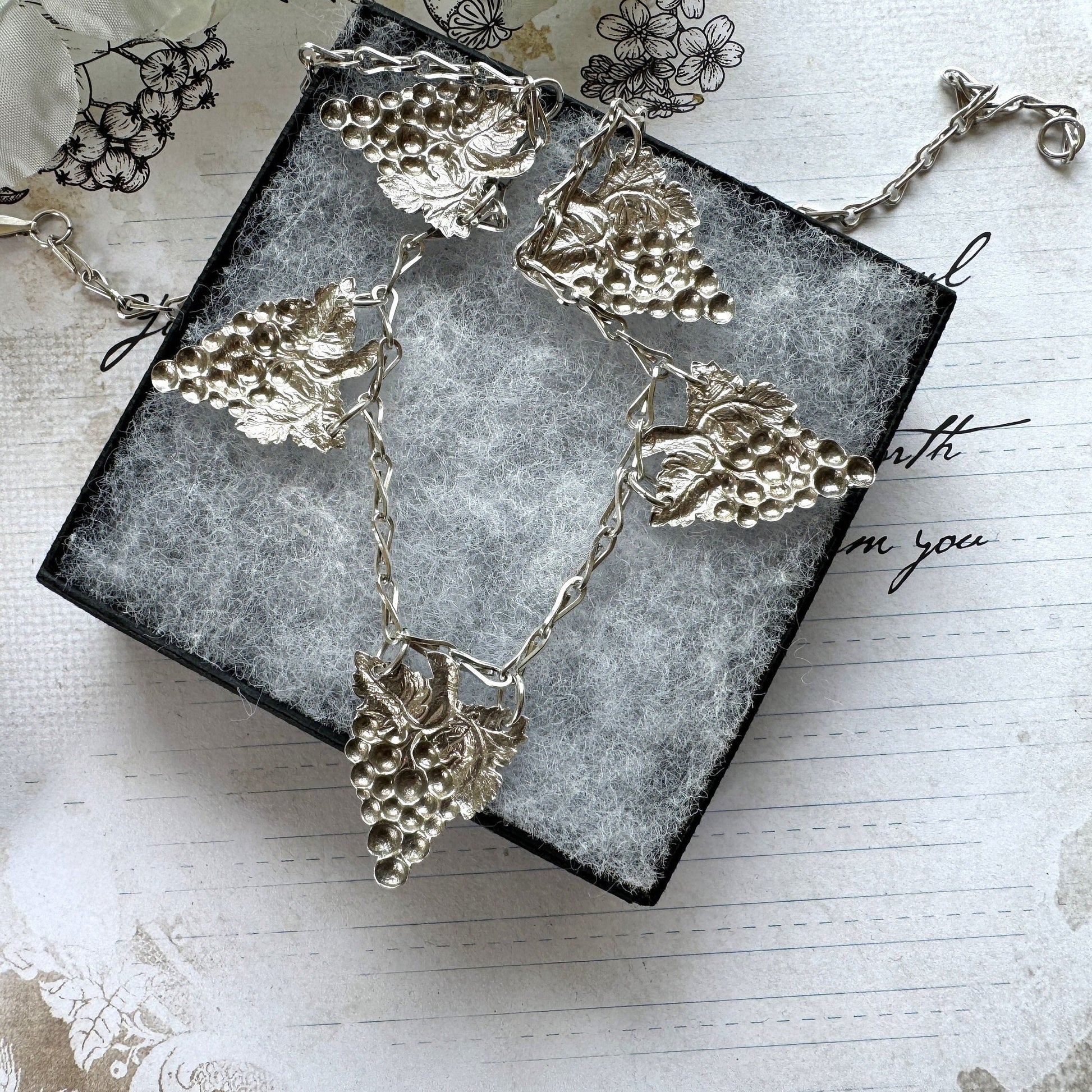 Antique Edwardian Grapevine & Barleycorn Chain Sterling Silver Necklace. Art Nouveau Repoussé Silver Fancy Chain Bib Necklace